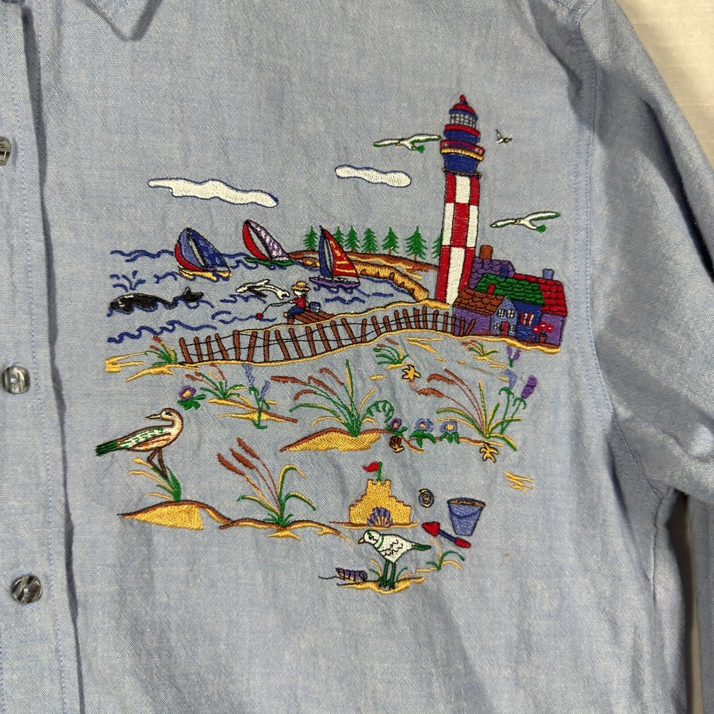 Casey Coleman Denim Top Womens XL Blue Beach Embroidered Lighthouse Sailboat - Picture 5 of 16